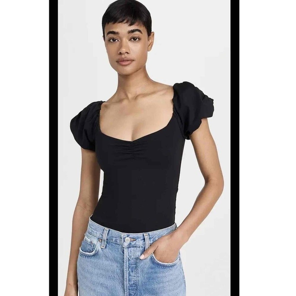 Free People Blouse Women's M Black Short Puff Sleeves Sweetheart Neck Fitted